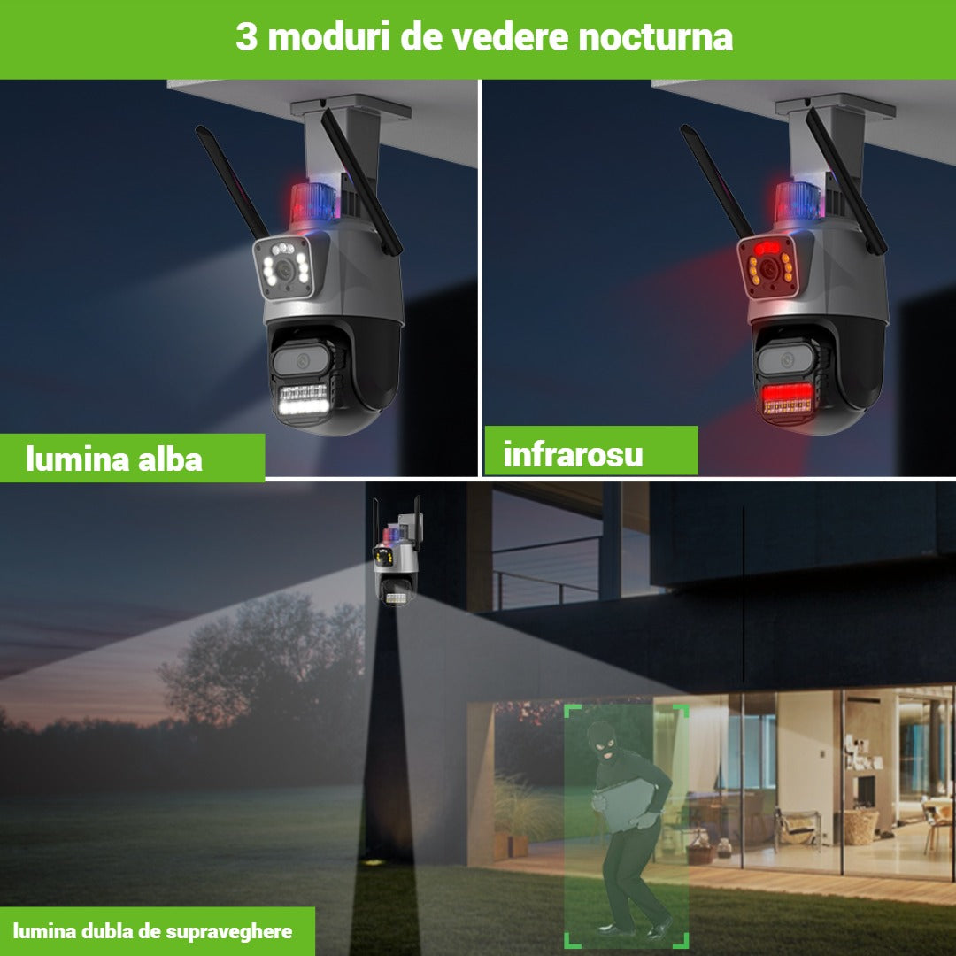 Camera de supraveghere 2 in 1, senzori CMOS, WI-Fi, Sistem Zoom Urmarire automata, PTZ cu lentile duble Cu o rezoluție
