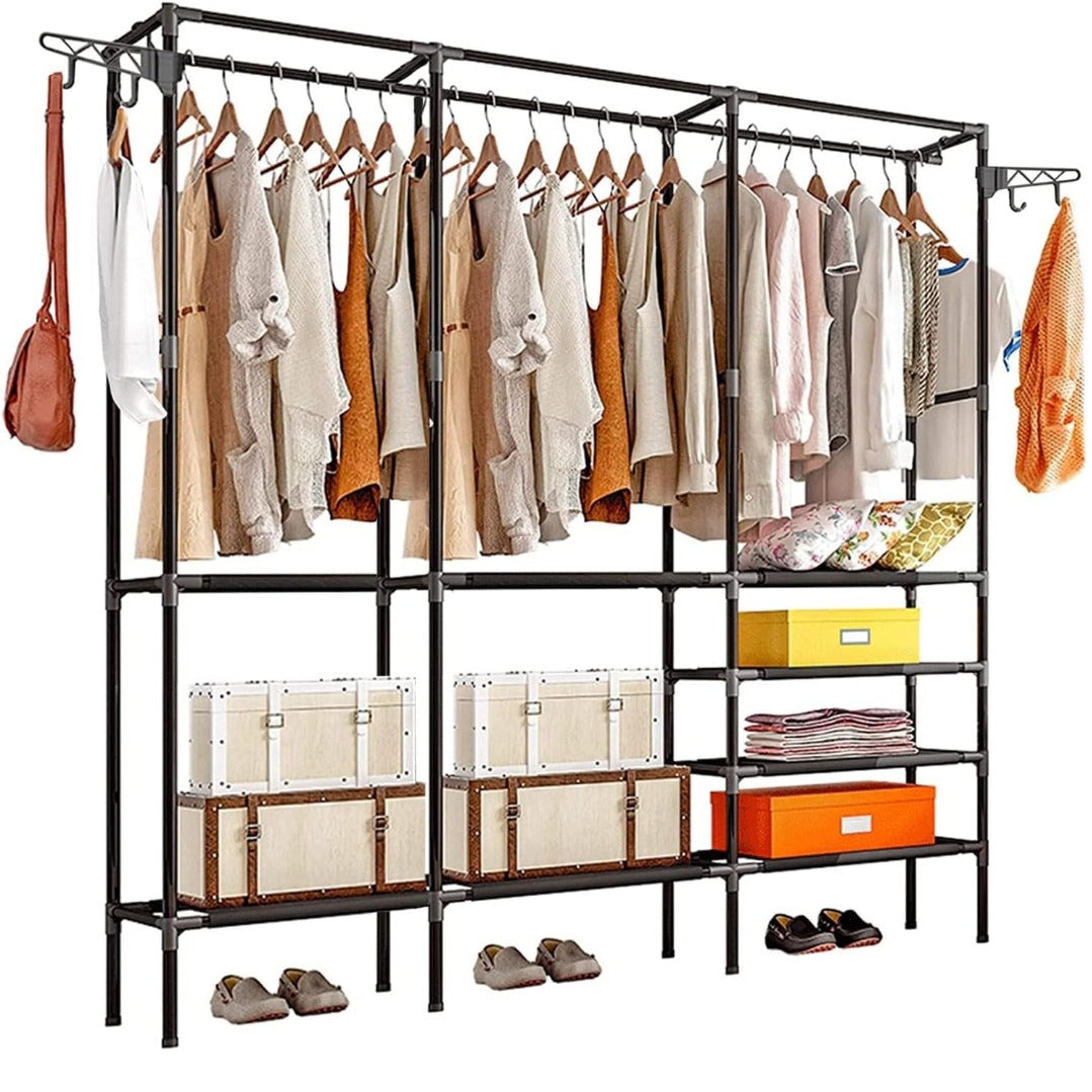 Suport pentru umerase stander haine, 8 rafturi, 8 carlige, Negru, 170 cm