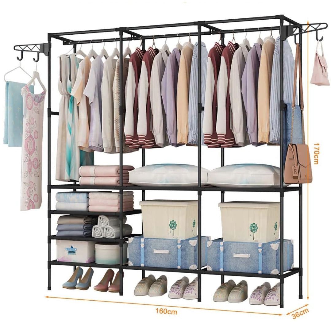 Suport pentru umerase stander haine, 8 rafturi, 8 carlige, Negru, 170 cm