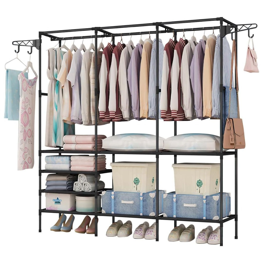 Suport pentru umerase stander haine, 8 rafturi, 8 carlige, Negru, 170 cm