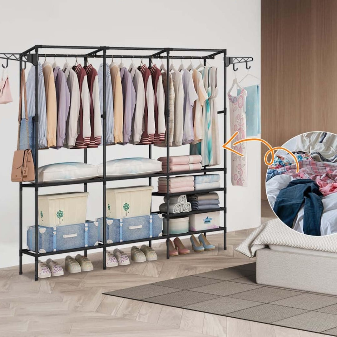 Suport pentru umerase stander haine, 8 rafturi, 8 carlige, Negru, 170 cm