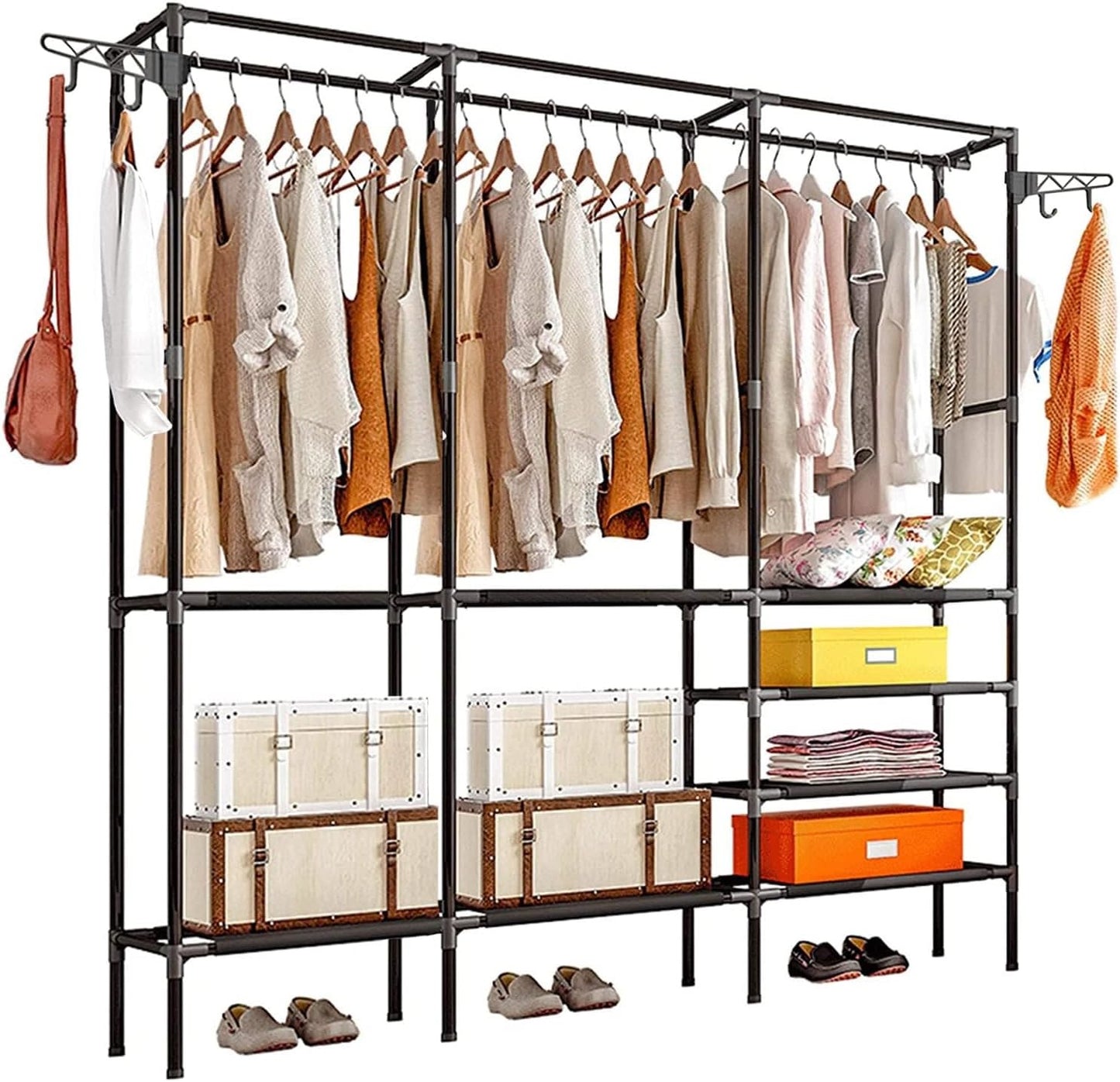 Suport pentru umerase stander haine, 8 rafturi, 8 carlige, Negru, 170 cm