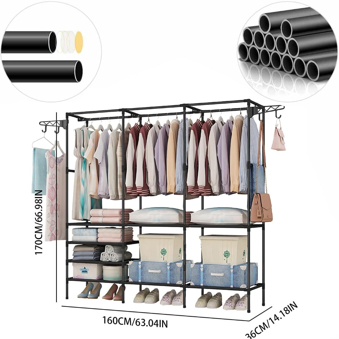 Suport pentru umerase stander haine, 8 rafturi, 8 carlige, Negru, 170 cm