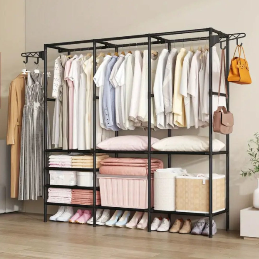 Suport pentru umerase stander haine, 8 rafturi, 8 carlige, Negru, 170 cm