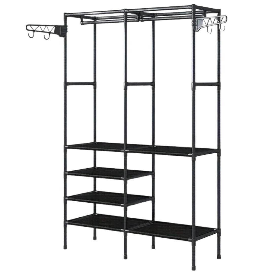 Suport pentru umerase stander haine, 8 rafturi, 8 carlige, Negru, 170 cm