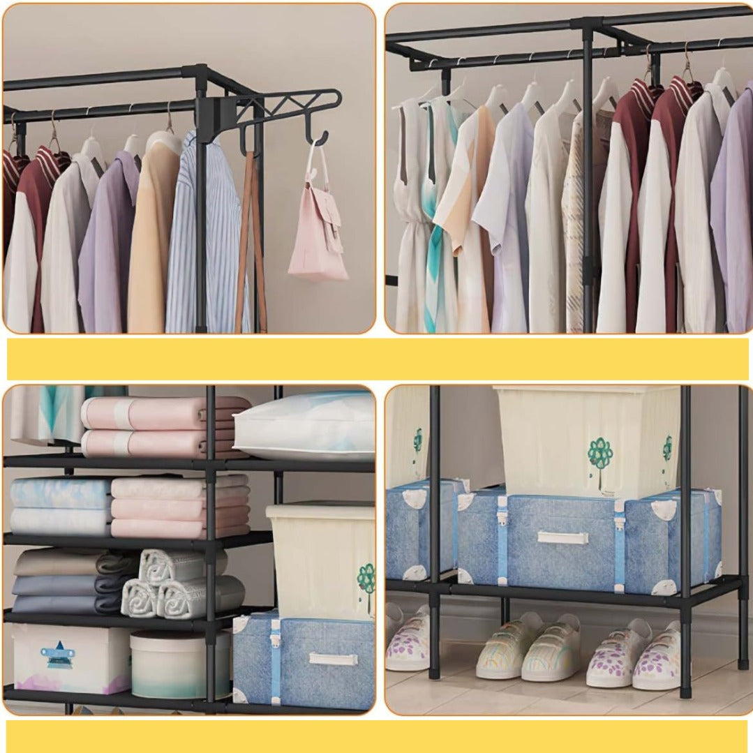 Suport pentru umerase stander haine, 8 rafturi, 8 carlige, Negru, 170 cm