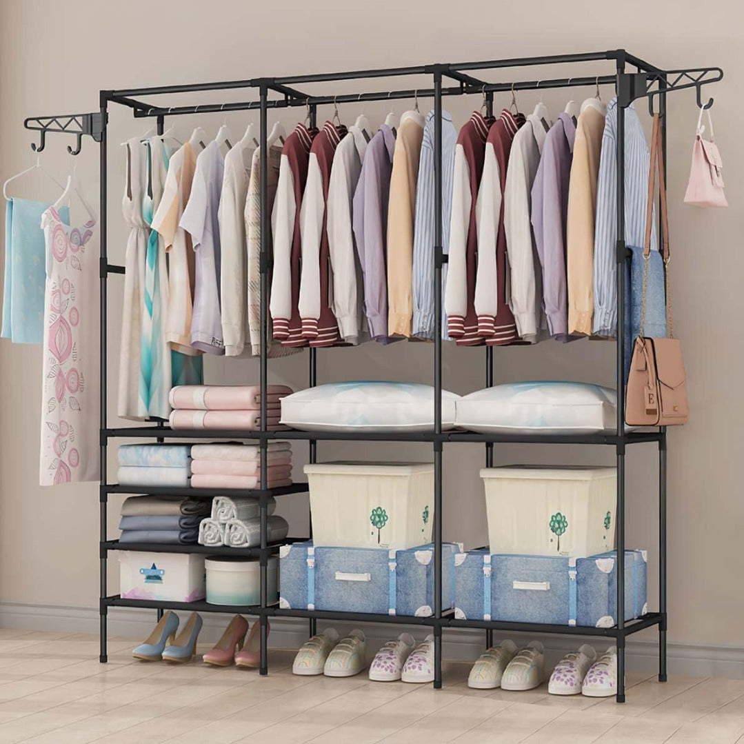 Suport pentru umerase stander haine, 8 rafturi, 8 carlige, Negru, 170 cm